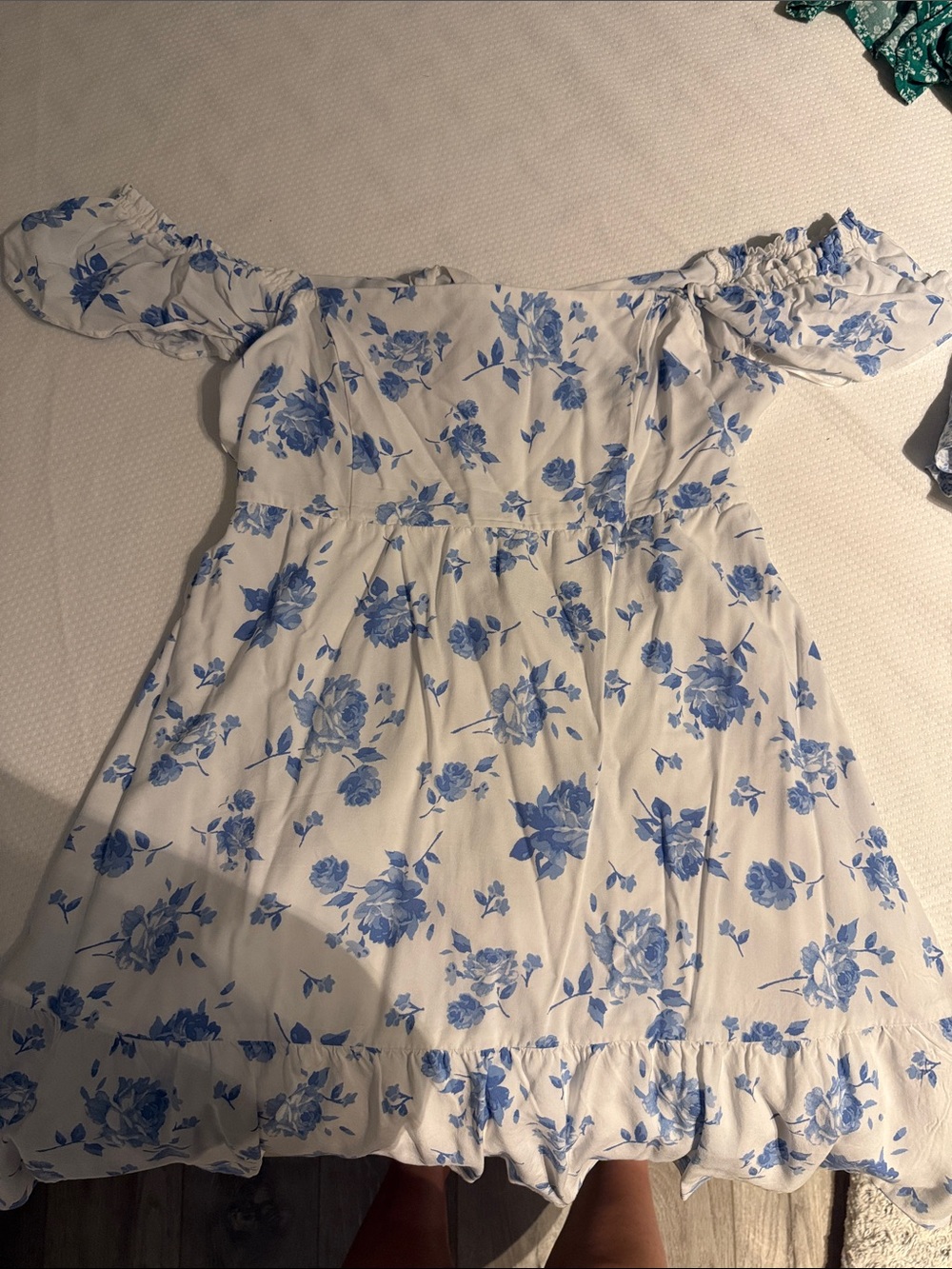 Off-Shoulder Tied Back Blue Floral Dress
